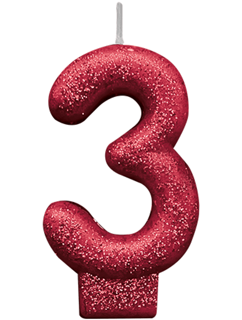 VELA COM GLITTER VERMELHO NUMERO 3 SILVER FESTAS