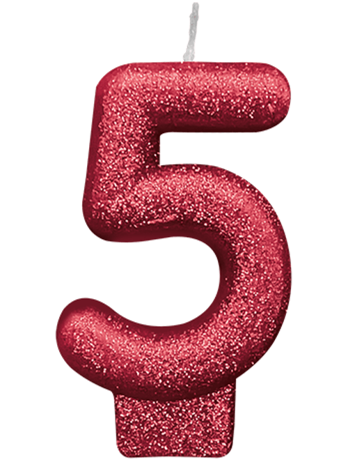 VELA COM GLITTER VERMELHO NUMERO 5 SILVER FESTAS