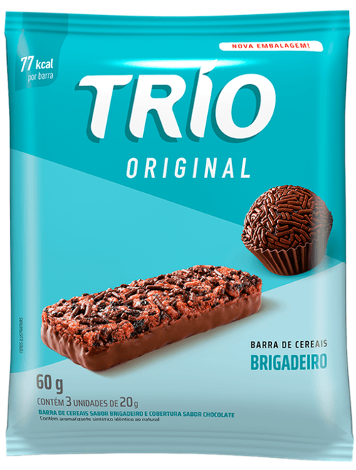 BARRA DE CEREAIS SABOR BRIGADEIRO E COBERTURA DE CHOCOLATE COM 3 UNIDADES DE 20G CADA TRIO