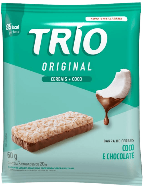BARRA DE CEREAIS COM COCO E COBERTURA DE CHOCOLATE COM 3 UNIDADES DE 20G CADA TRIO