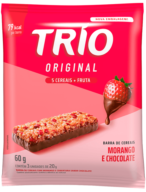 BARRA DE CEREAIS COM MORANGO E COBERTURA DE CHOCOLATE COM 3 UNIDADES DE 20G CADA TRIO