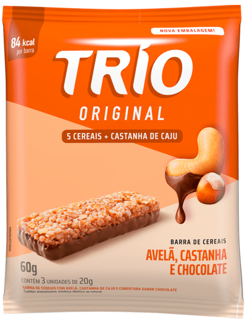 BARRA DE CEREAIS COM AVELA, CASTANHA DE CAJU E COBERTURA DE CHOCOLATE COM 3 UNIDADES DE 20G CADA TRIO