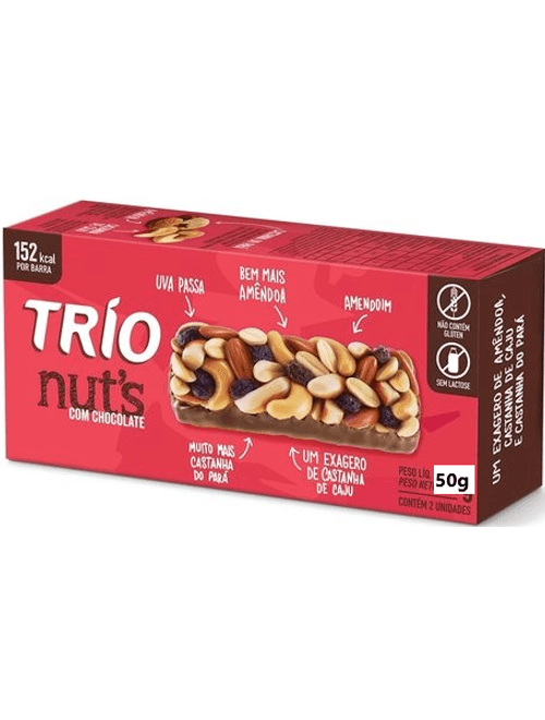 BARRA DE CEREAIS NUTS DE COBERTURA DE CHOCOLATE COM 2 UNIDADES DE 25G CADA TRIO