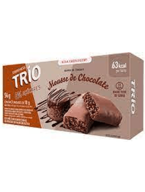 BARRA DE CEREAIS COM MOUSSE DE CHOCOLATE E COBERTURA DE CHOCOLATE 0% ACUCARES COM 3 UNIDADES DE 18G CADA TRIO