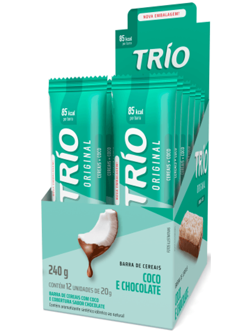 BARRA DE CEREAIS COM COCO E COBERTURA DE CHOCOLATE COM 12 UNIDADES DE 20G CADA TRIO