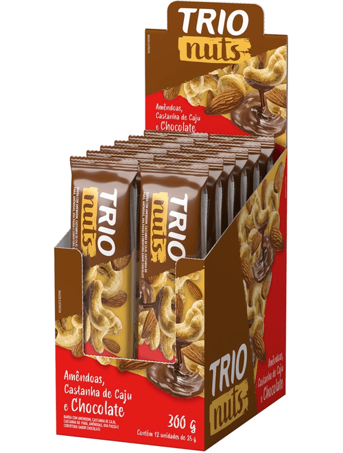 BARRA DE CEREAIS NUTS COM COBERTURA DE CHOCOLATE COM 12 UNIDADES DE 25G CADA TRIO