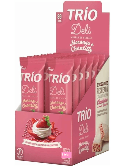 BARRA DE CEREAIS COM MORANGO E COBERTURA DE CHOCOLATE BRANCO 0% ACUCARES COM 12 UNIDADES DE 18G CADA TRIO