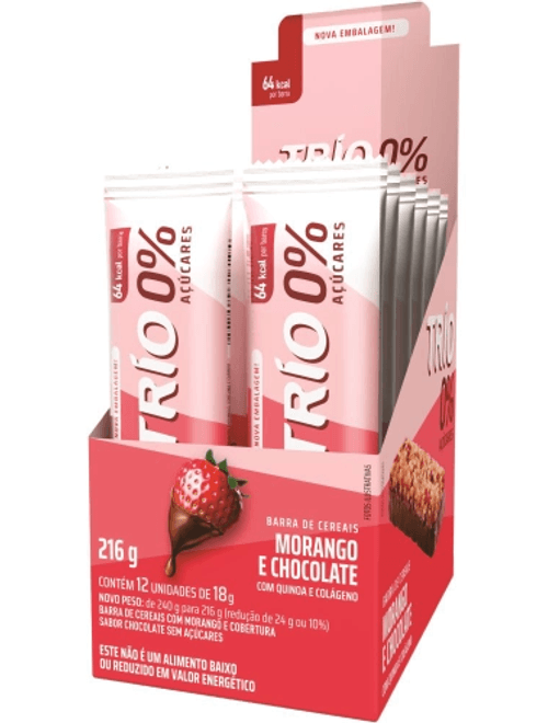 BARRA DE CEREAIS COM MORANGO E COBERTURA DE CHOCOLATE 0% ACUCARES COM 12 UNIDADES DE 18G CADA TRIO