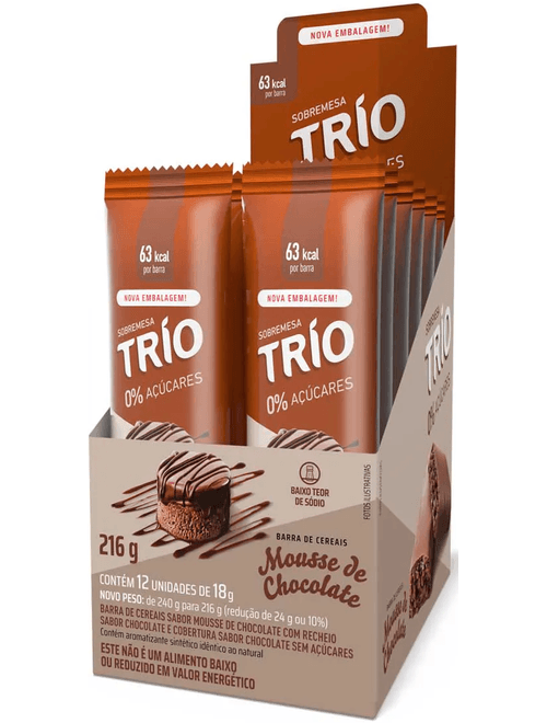 BARRA DE CEREAIS COM MOUSSE DE CHOCOLATE E COBERTURA DE CHOCOLATE 0% ACUCARES COM 12 UNIDADES DE 18G CADA TRIO
