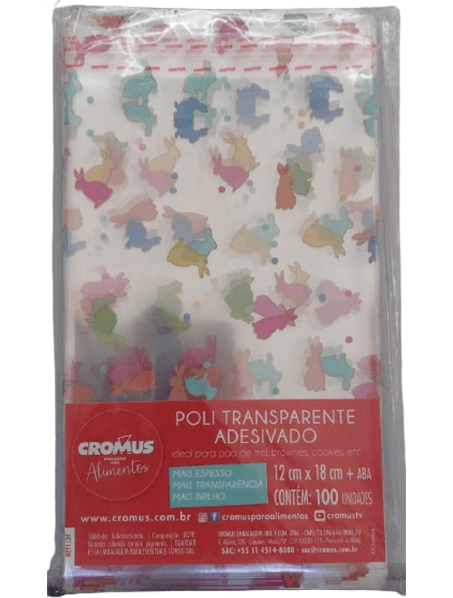 SACO ADESIVADO DECORADO COELHINHO 12X18+3 ABA COM 100 UNIDADES CROMUS