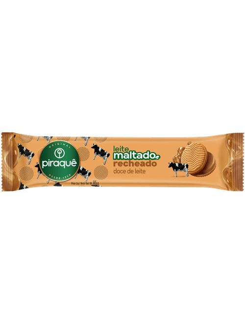 BISCOITO DOCE COM LEITE MALTADO E RECHEIO COM DOCE DE LEITE 85G PIRAQUE