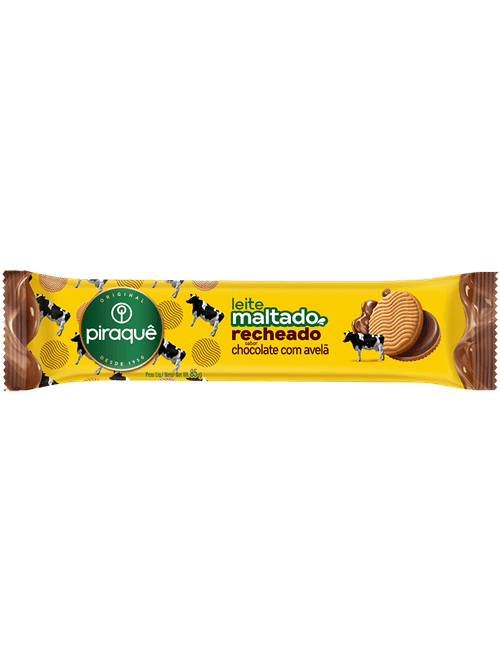 BISCOITO DOCE COM LEITE MALTADO E RECHEIO SABOR CHOCOLATE COM AVELA 85G PIRAQUE