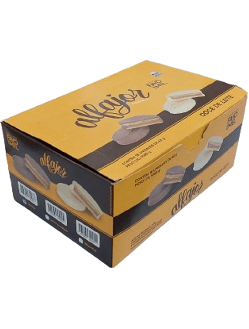 ALFAJOR RECHEADO COM DOCE DE LEITE E COBERTURA SABOR CHOCOLATE BRANCO COM 18 UNIDADES DE 60G CADA