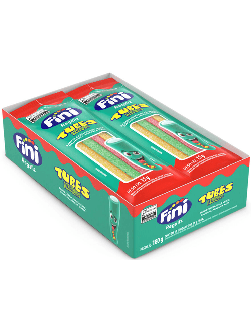 BALA TUBES AZEDINHOS SABOR CEREJA, MACA VERDE, BAUNILHA E ABACAXI COM 12 UNIDADES DE 15G CADA FINI