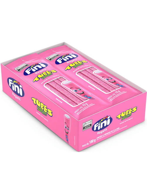 BALA TUBES AZEDINHOS SABOR TUTTI-FRUTTI COM 12 UNIDADES DE 15G CADA FINI