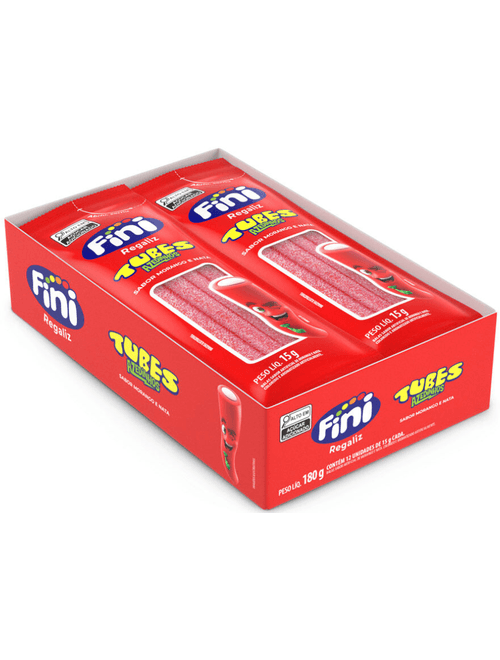 BALA TUBES AZEDINHOS SABOR MORANGO COM 12 UNIDADES DE 15G CADA FINI