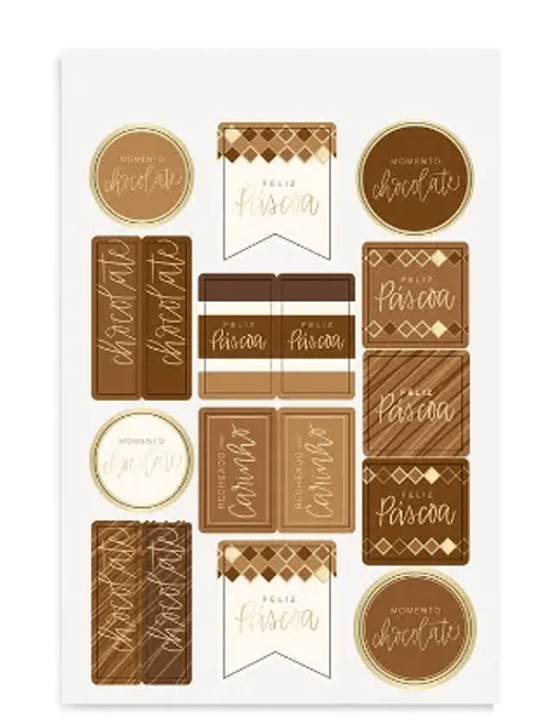 CARTELA ADESIVA FELIZ PASCOA TONS DE CHOCOLATE COM 34 ETIQUETAS CROMUS