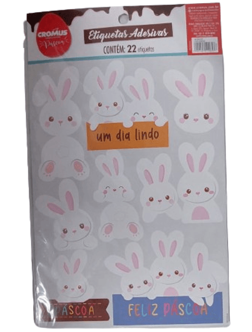 CARTELA ADESIVA COELHINHOS COM 22 ETIQUETAS CROMUS