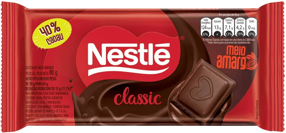 CHOCOLATE CLASSIC MEIO AMARGO 40% CONTEM 16 UNIDADES DE 80G CADA