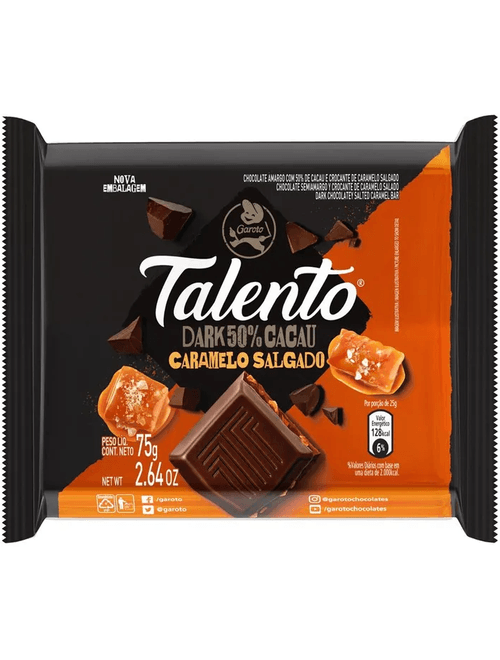 CHOCOLATE TALENTO DARK COM CARAMELO SALGADO CONTEM 15 UNIDADES DE 75G CADA