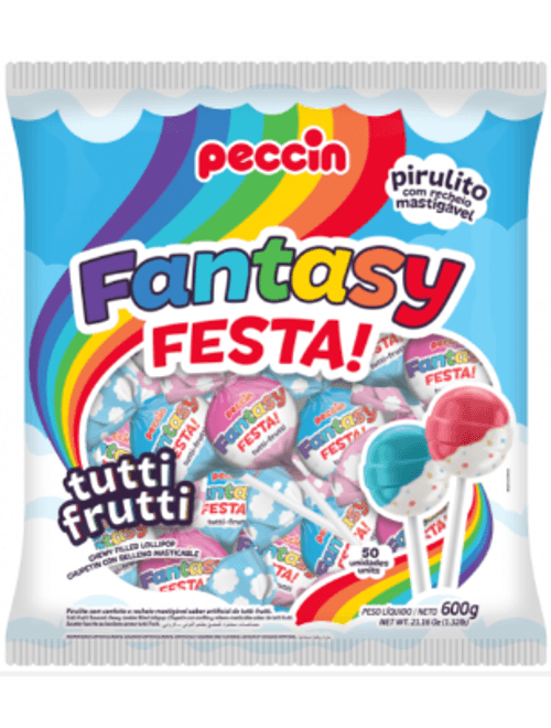 PIRULITO FANTASY FESTA TUTTI FRUTTI 600G COM 50 UNIDADES PECCIN