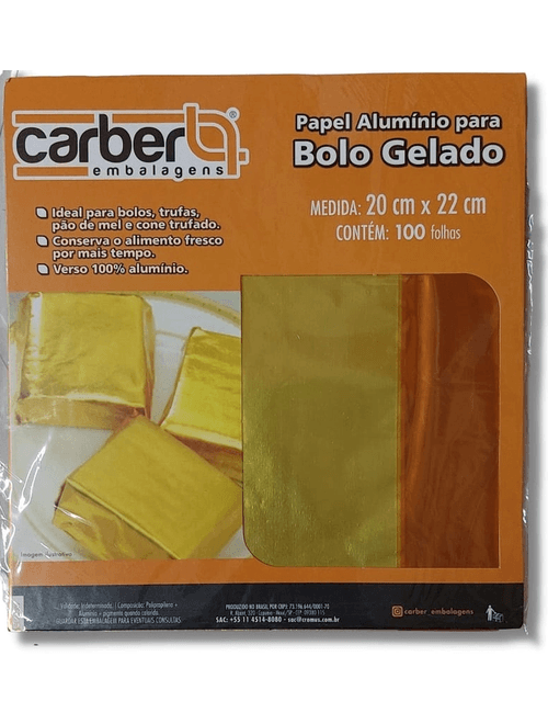PAPEL ALUMINIO PARA BOLO GELADO OURO 20CMX22CM COM 100 UNIDADES CARBER