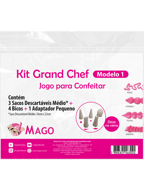 KIT PARA CONFEITAR GRAND CHEF 3 SACOS DESCARTAVEIS 34CMX22CM, 4 BICO E 1 ADPTADOR MAGO