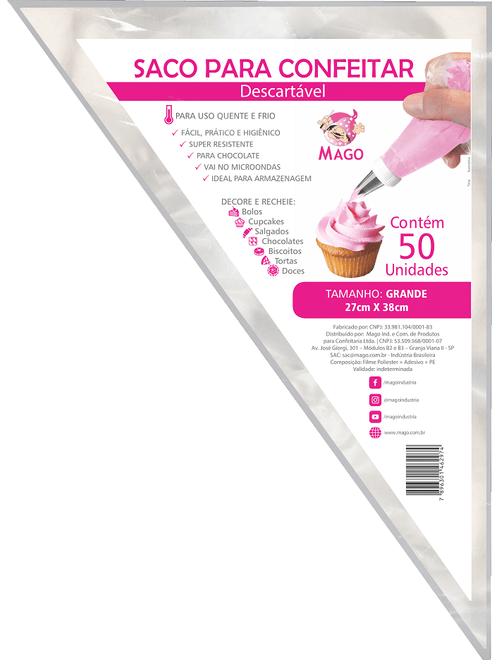 SACO PARA CONFEITAR DESCARTAVEL GRANDE 27CMX38CM COM 50 UNIDADES MAGO