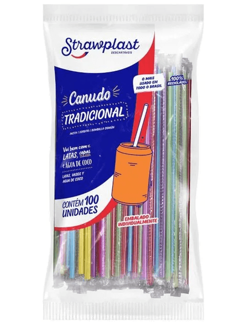 CANUDO TRADICIONAL 100% RECICLAVEL COM 100 UNIDADES STRAWPLAST