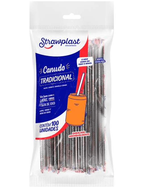 CANUDO TRADICIONAL PRETO 100% RECICLAVEL COM 100 UNIDADES STRAWPLAST