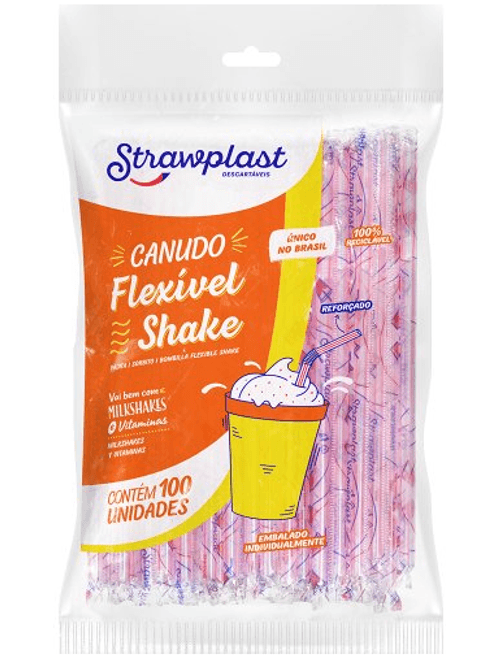 CANUDO FLEXIVEL SHAKE 100% RECICLAVEL COM 100 UNIDADES STRAWPLAST