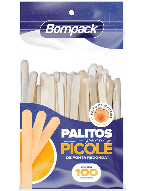 PALITO PARA PICOLE PONTA REDONDA COM 100 UNIDADES BOMPACK