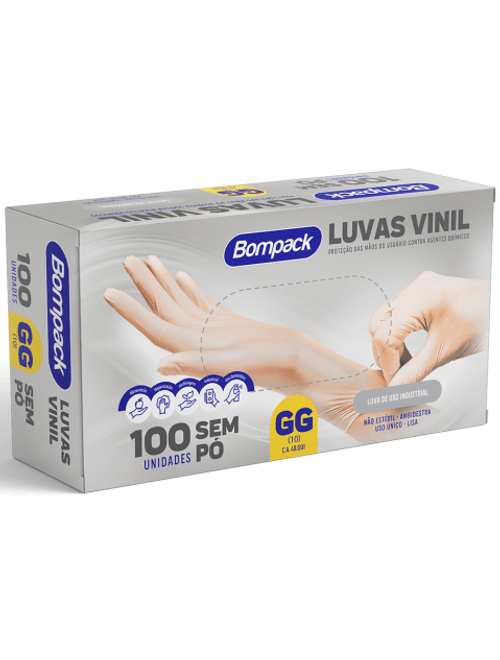 LUVA VINIL GG(10) SEM TALCO COM 100 UNIDADES BOMPACK