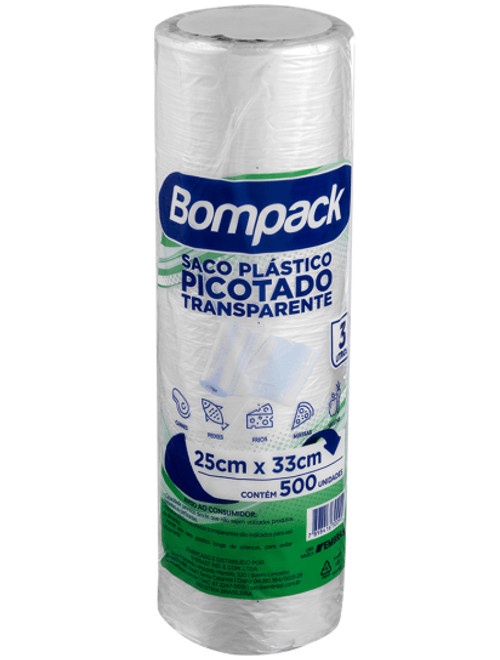 BOBINA DE SACO PLASTICO PICOTADO 25X33CM COM 500 UNIDADES.
